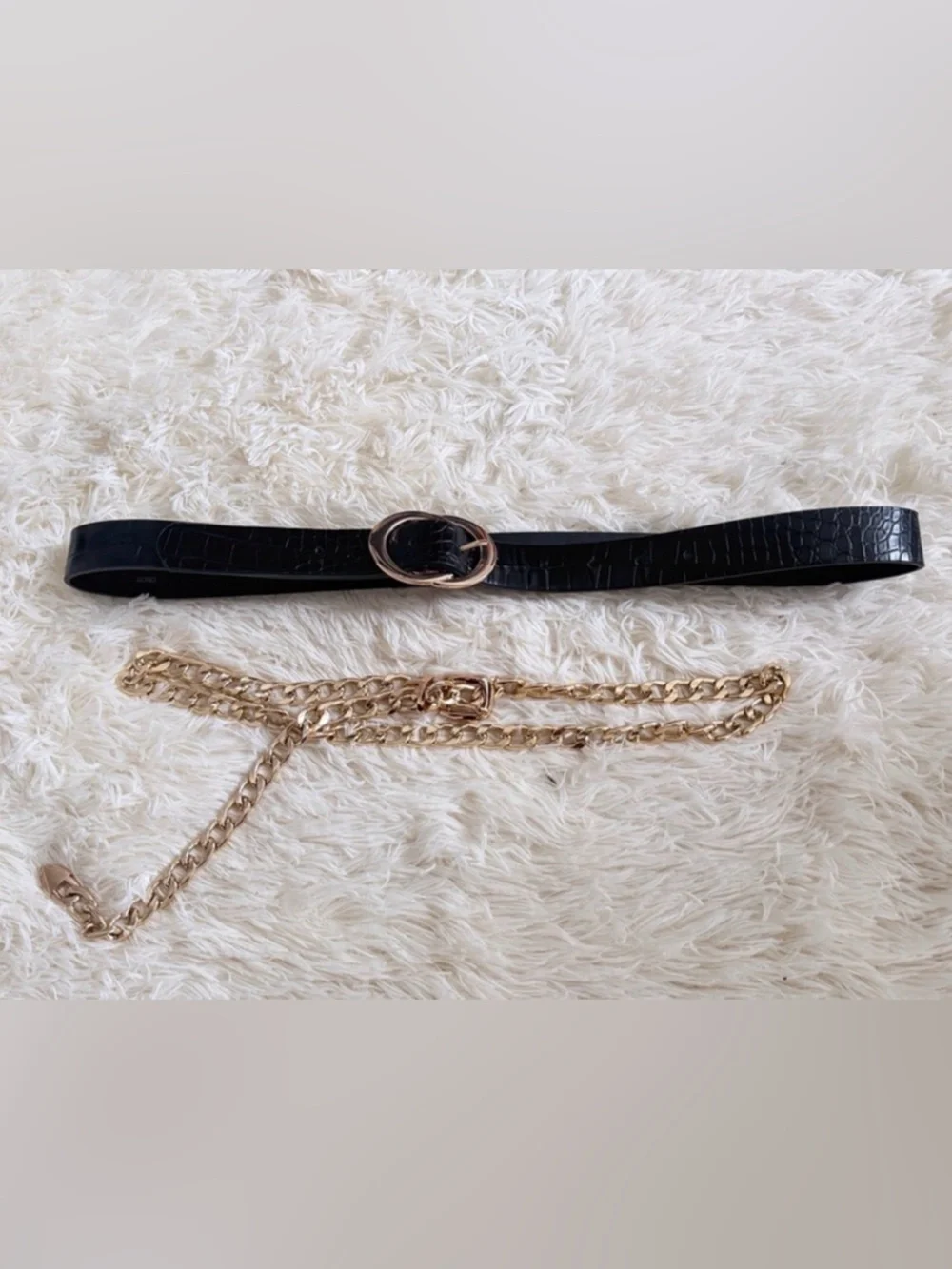ASOS Black Croc-Embossed Belt with Gold Oval Buckle and Gold Chain Belt Bundle
